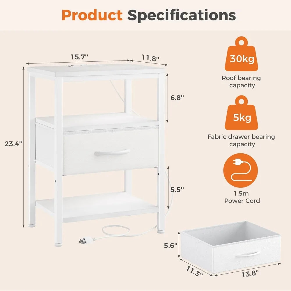 NBVCX Compact Nightstand With Charging Station And Adjustable Drawer