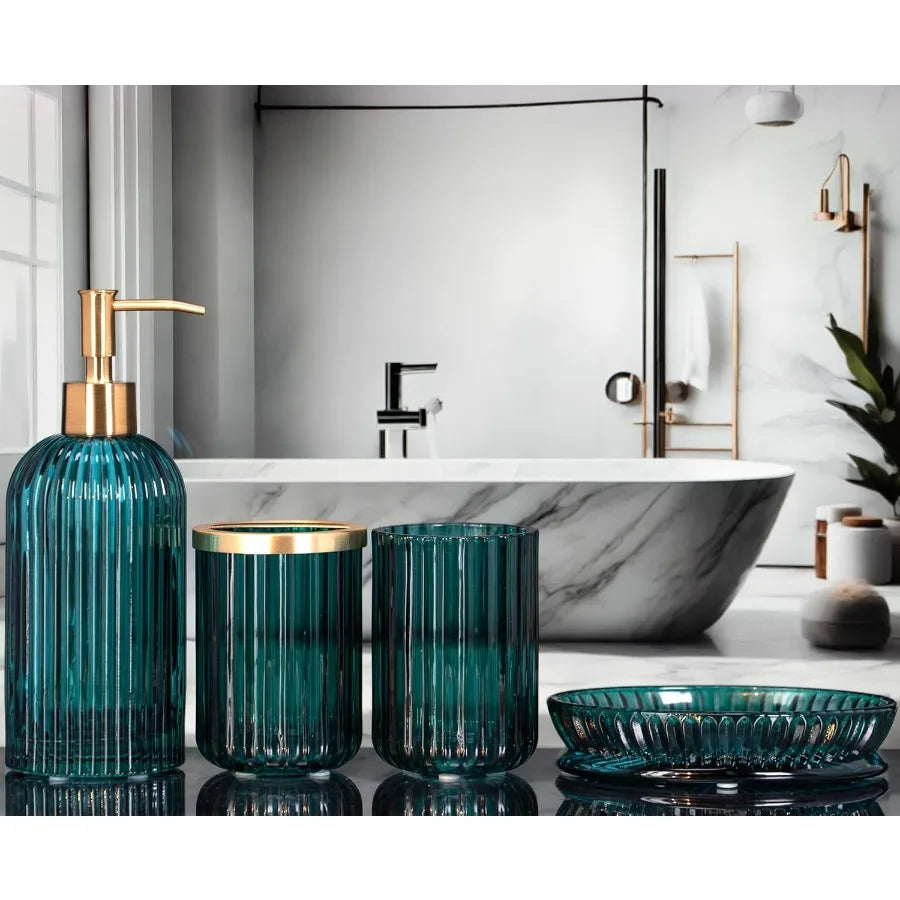 Brushed Metal Patterned Glass Bathroom Accessory Set 4 Piece