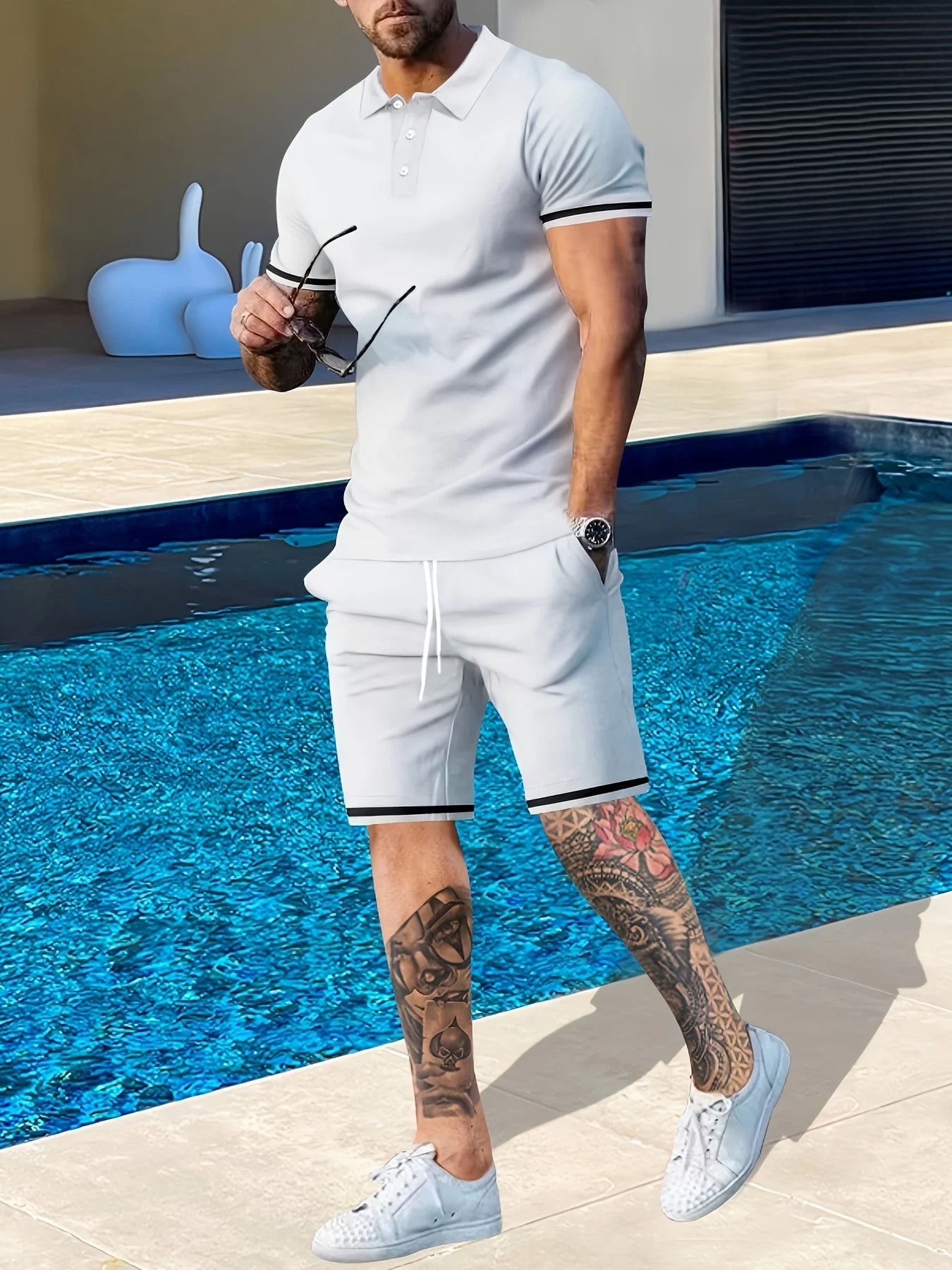 NONECN Men's Summer Short Sleeve Polo And Shorts Two-Piece Set