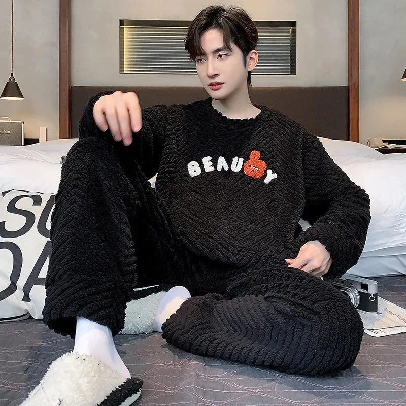 Coral Fleece Men's Sleepwear Pajama Set For Home Comfort