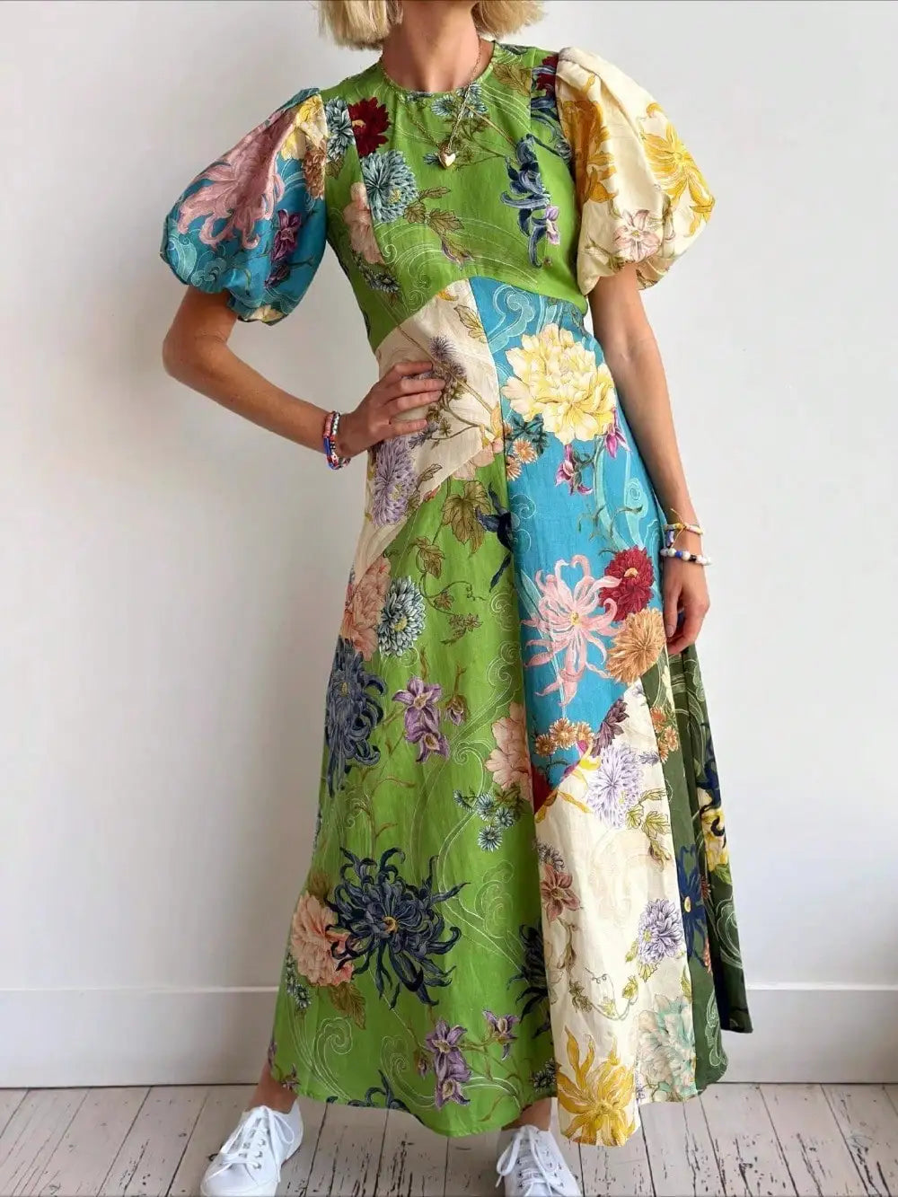 Linen Floral Patchwork Lantern Sleeve Midi Dress For Women