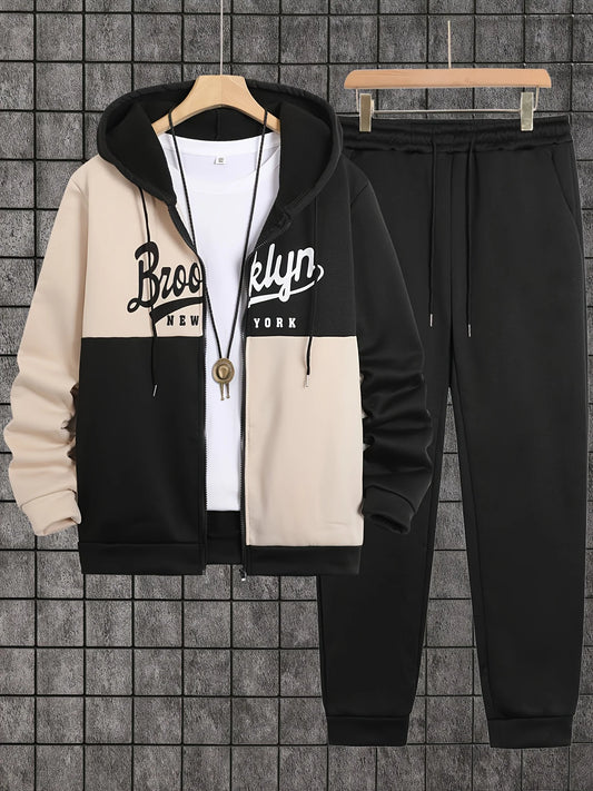 Men's Printed Zip-Up Hoodie and Sweatpants Set for Autumn Winter