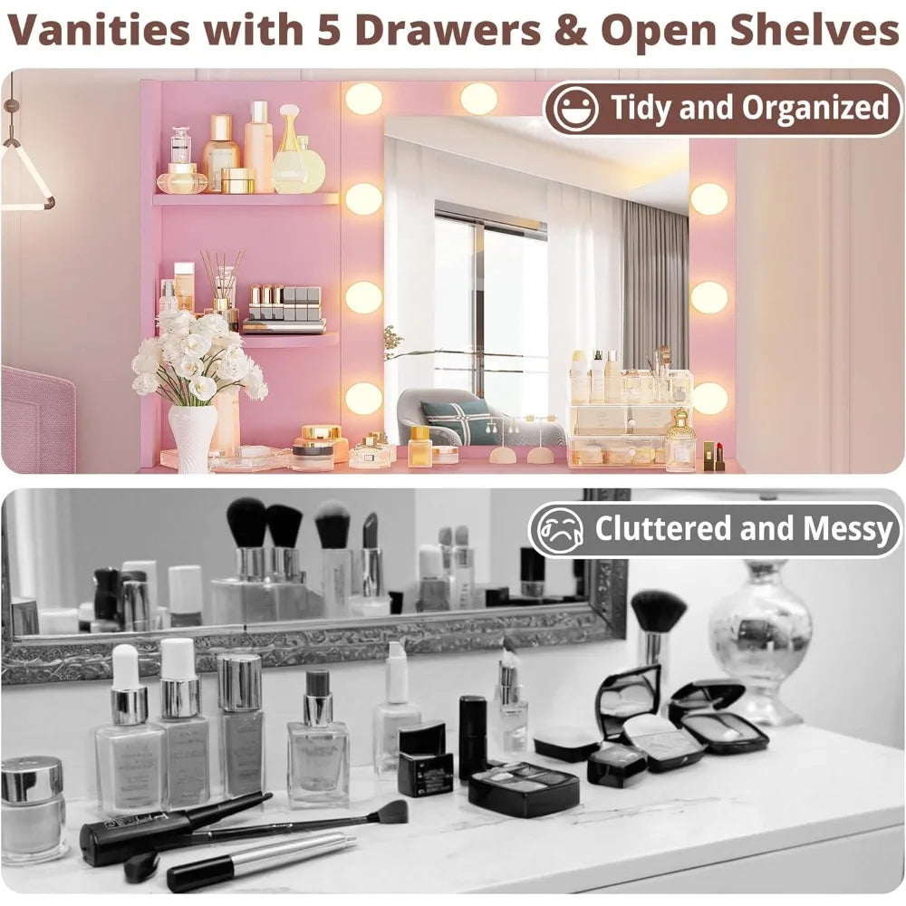 ZHUOTING Vanity Desk With Mirror And Lights 5 Drawers