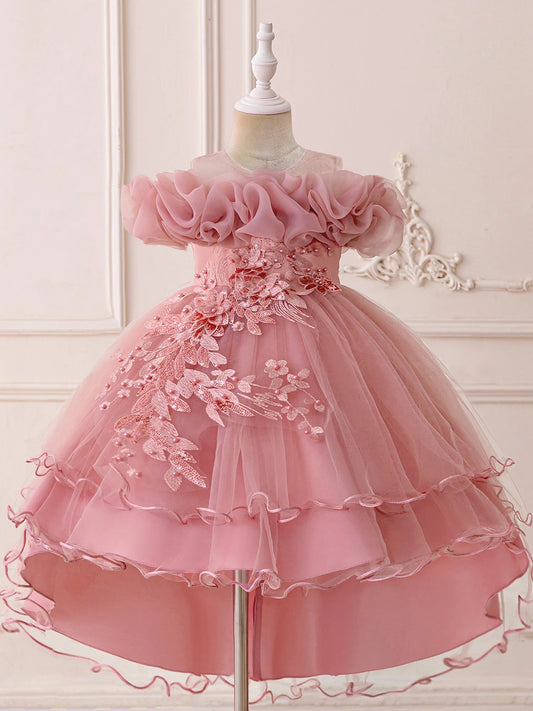 Toddler Girls Floral Print Sleeveless Tulle Dress With Ruffles