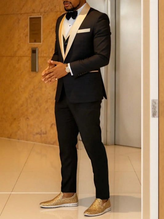 NONECN Men's 3 Piece Slim Tuxedo Suit Blazer Vest Pants