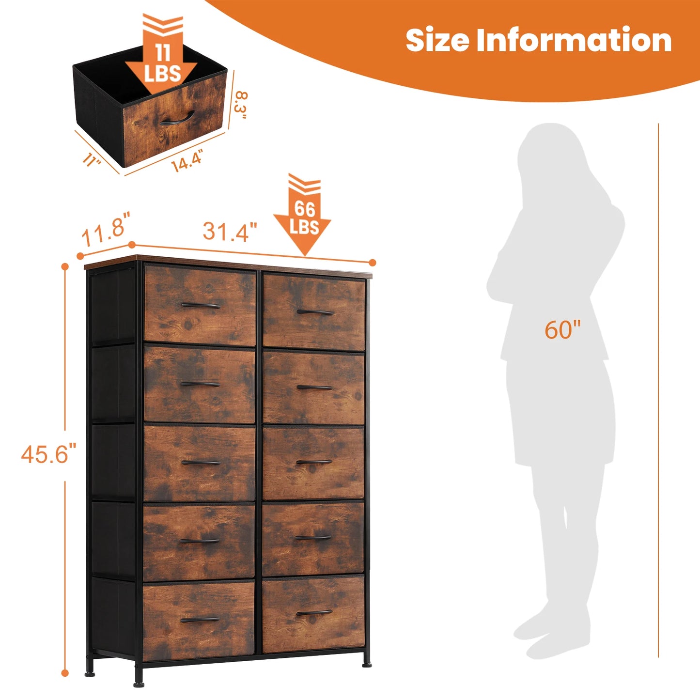 JHK Bedside Table With 10 Fabric Drawers Steel Frame Storage