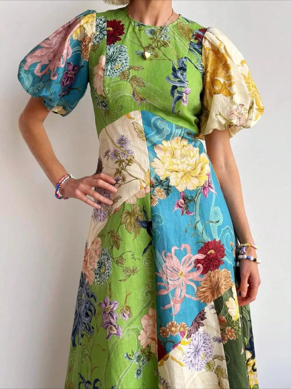 Linen Floral Patchwork Lantern Sleeve Midi Dress For Women