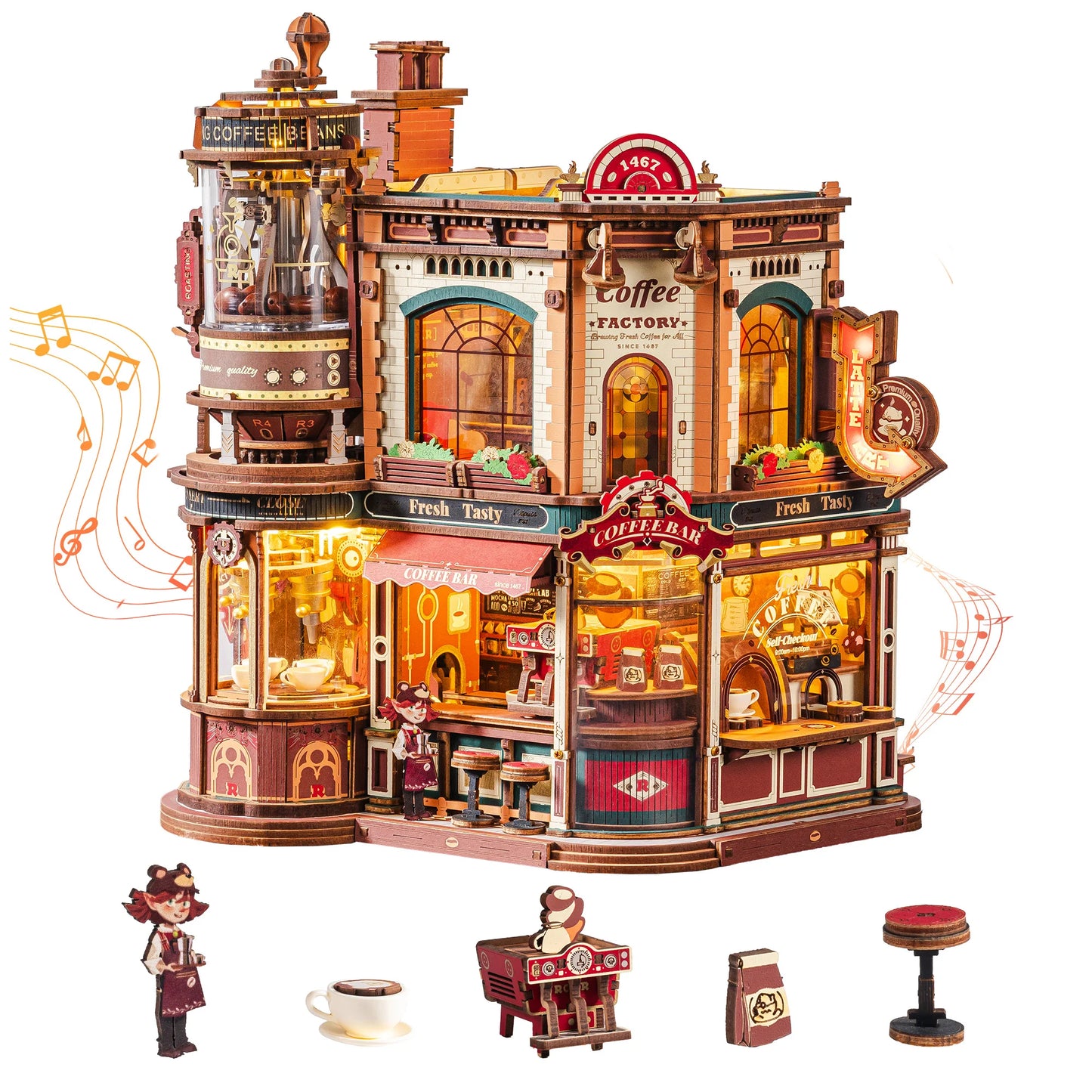 ROKR Wooden 3D Puzzle Dream Coffee Factory Music Box Kit