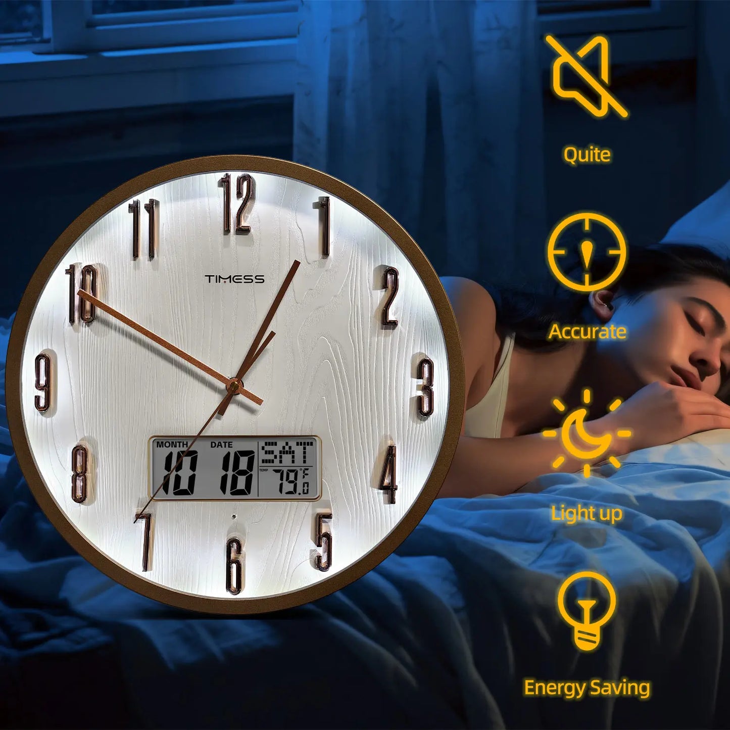 TIMESS Luminous Voice Activated Wall Clock With Perpetual Calendar