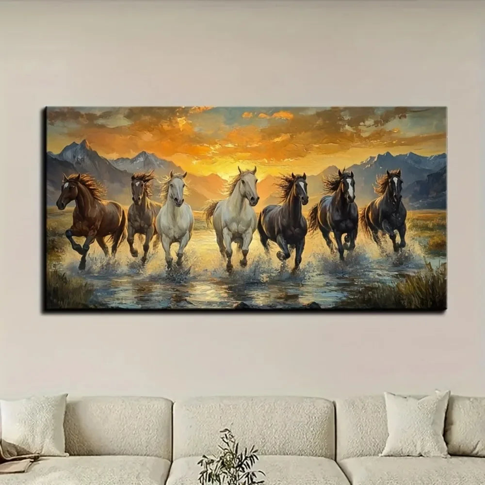 Hign-concerned Feng Shui Seven Horse Waterproof Canvas Wall Art Frame