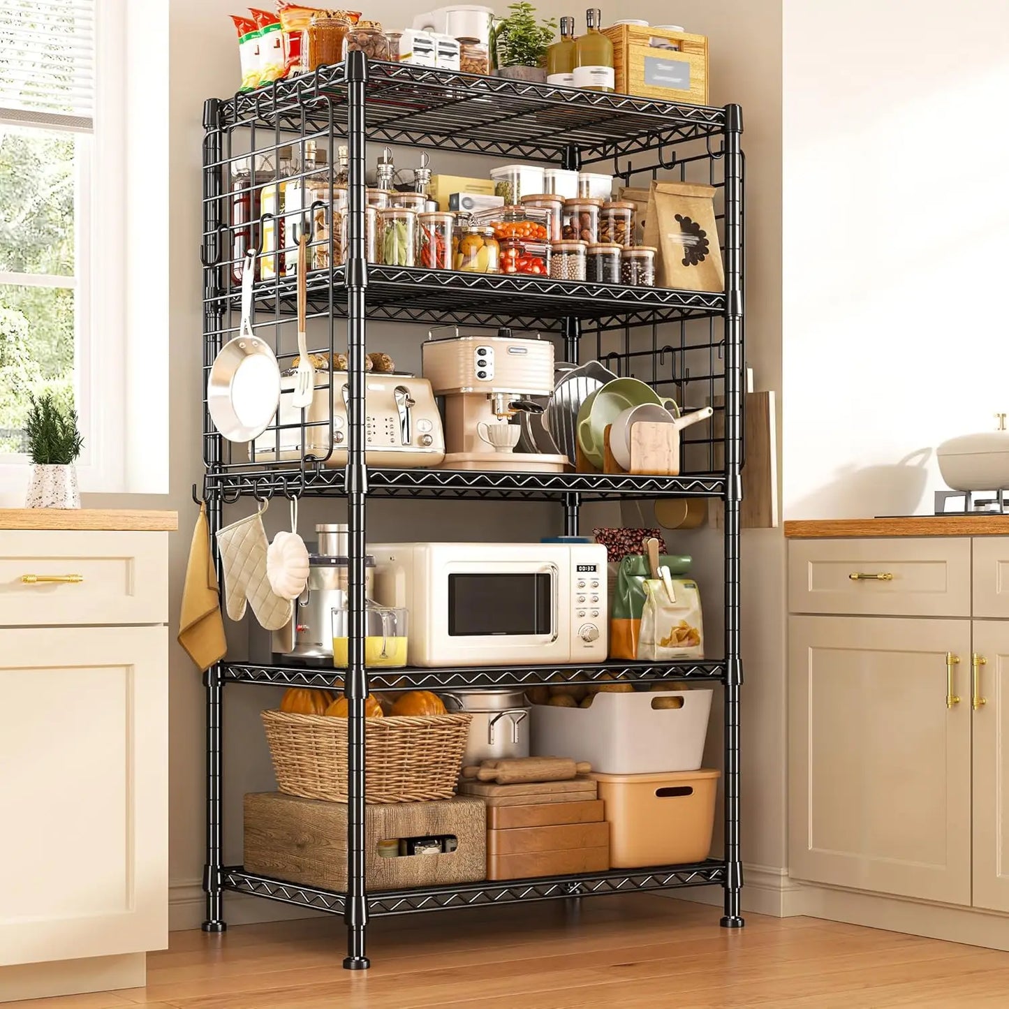 Five Tier Metal Shelving Unit With Side Hanging Net Hooks Adjustable
