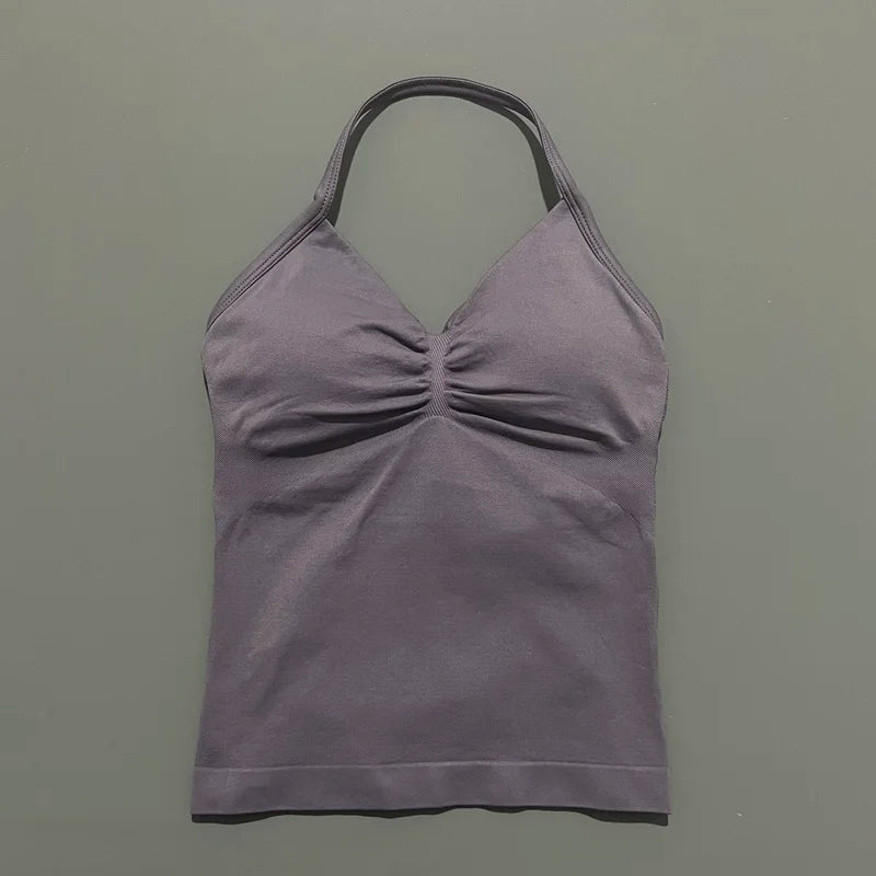 Women Gym Halter Top Longline Strappy Yoga Tank Removable Cups