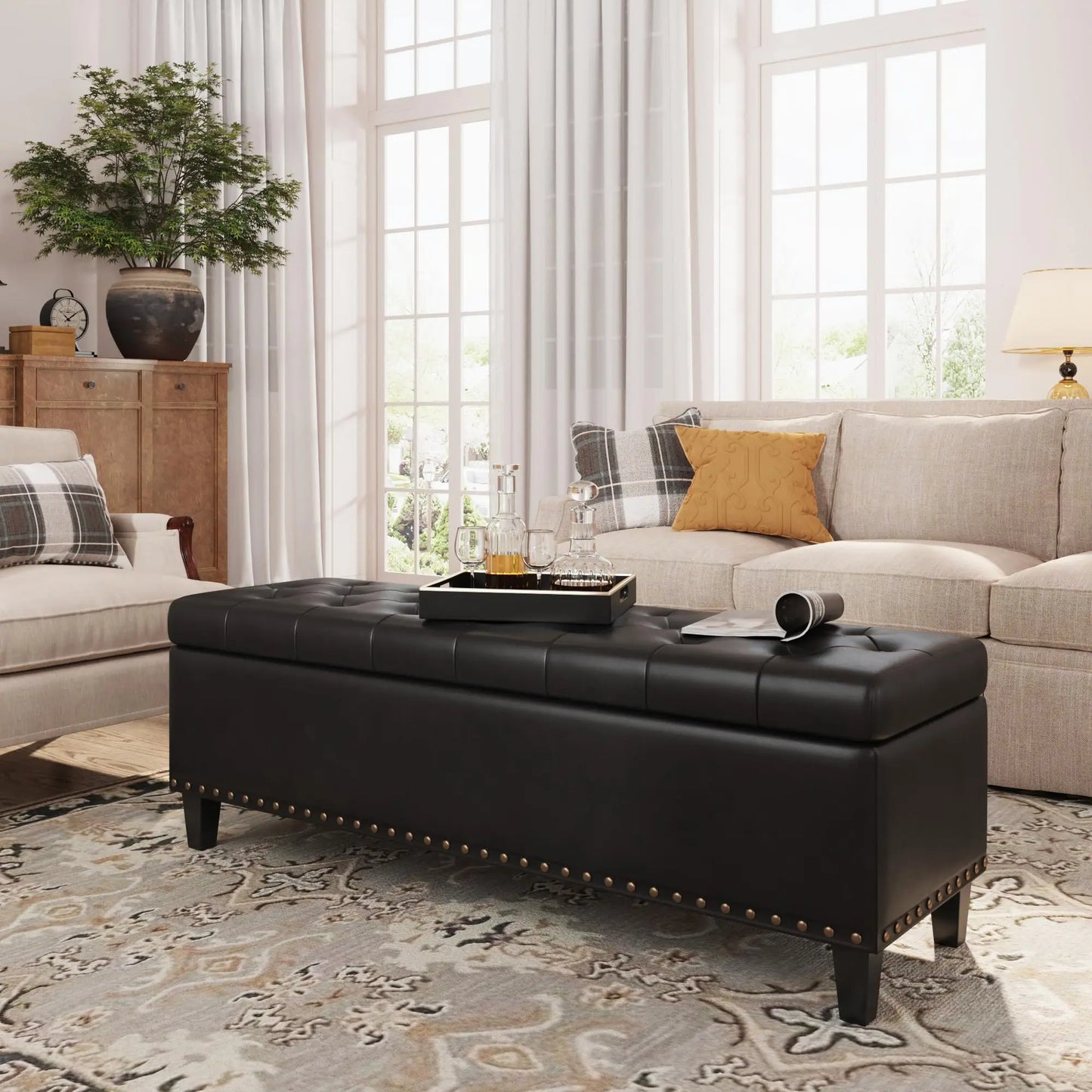Vabches Faux Leather Storage Ottoman Bench For Living Room