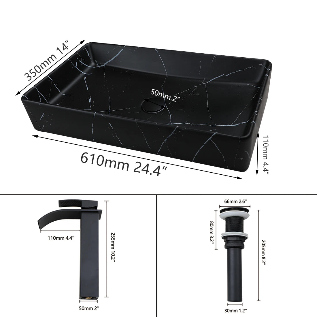 KEMAIDI Black Vanity Rectangle Marble Vessel Sink With Faucet Set