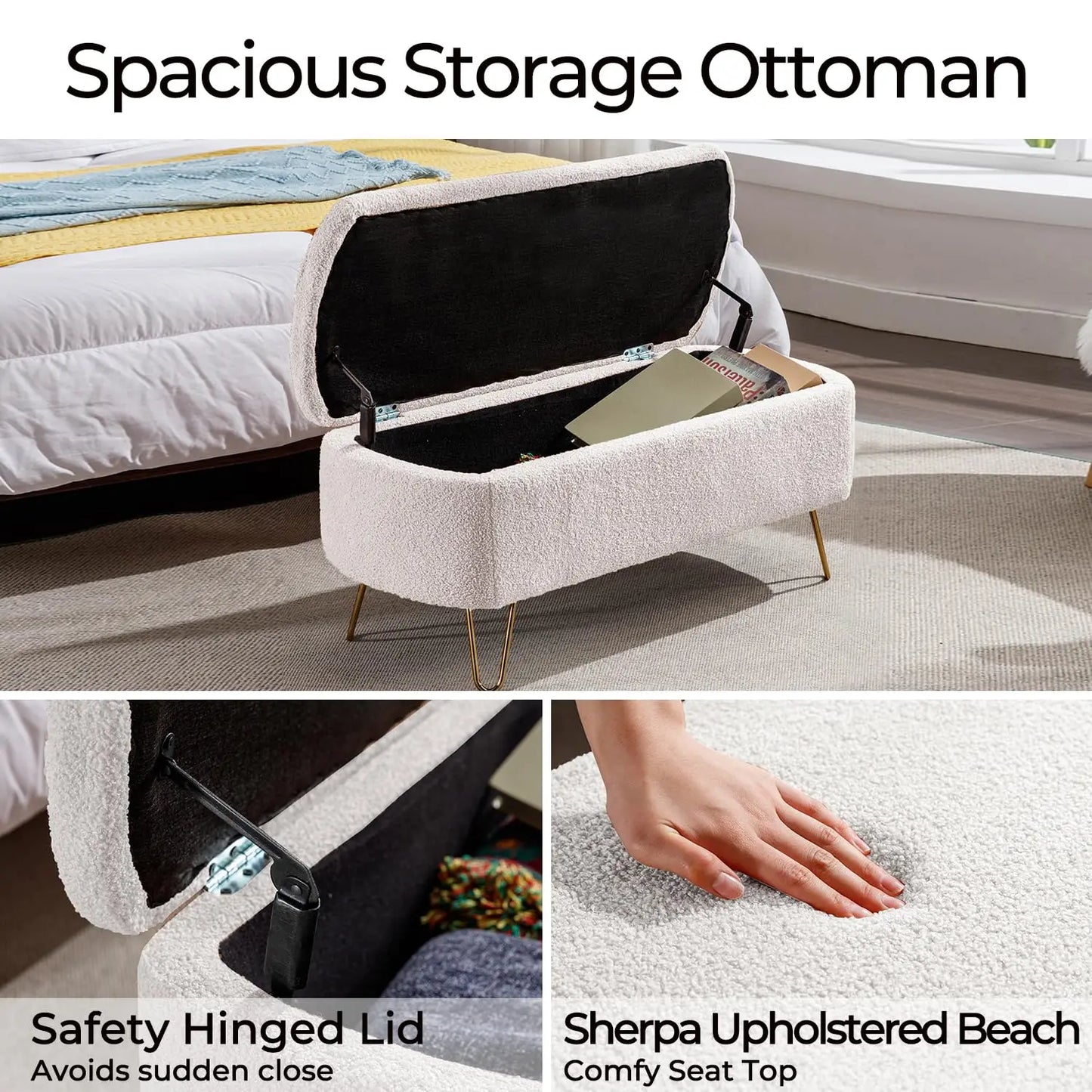 TODRAN LuxuriouslyCrafted Boucle Sherpa Upholstered Storage Ottoman Bench Gold Legs