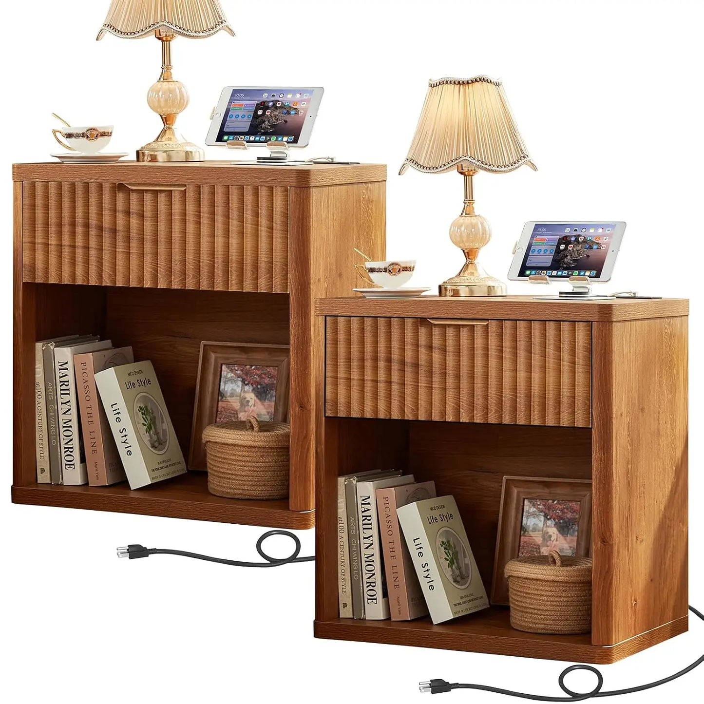 Fluted Farmhouse Nightstand Set Of 2 With Charging Station