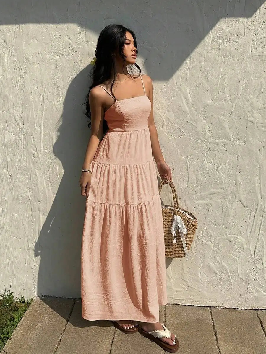 Textured Tiered Camisole Maxi Dress With Adjustable Straps