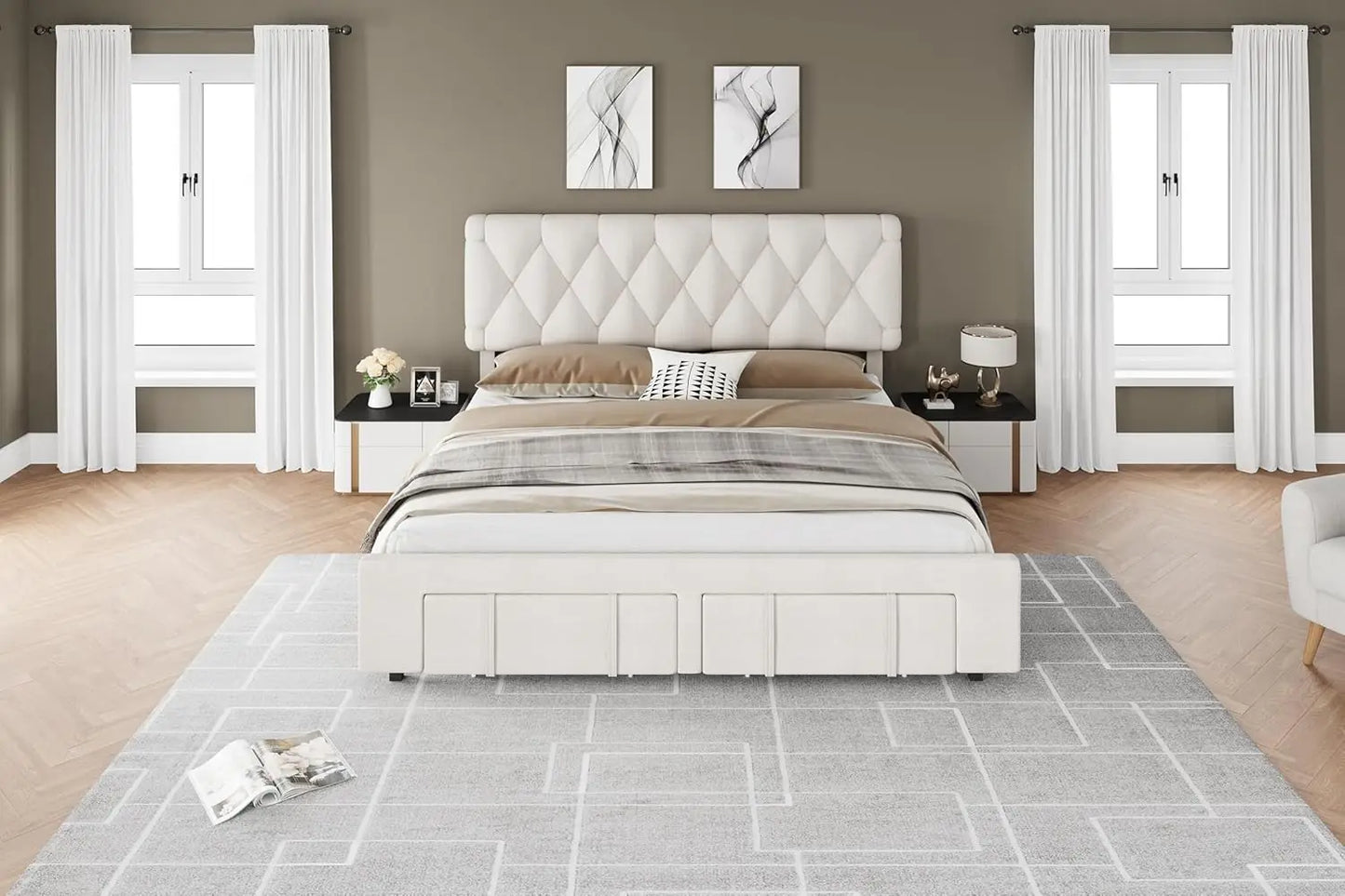 Bed Frame With Storage Drawers And Solid Wood Slats