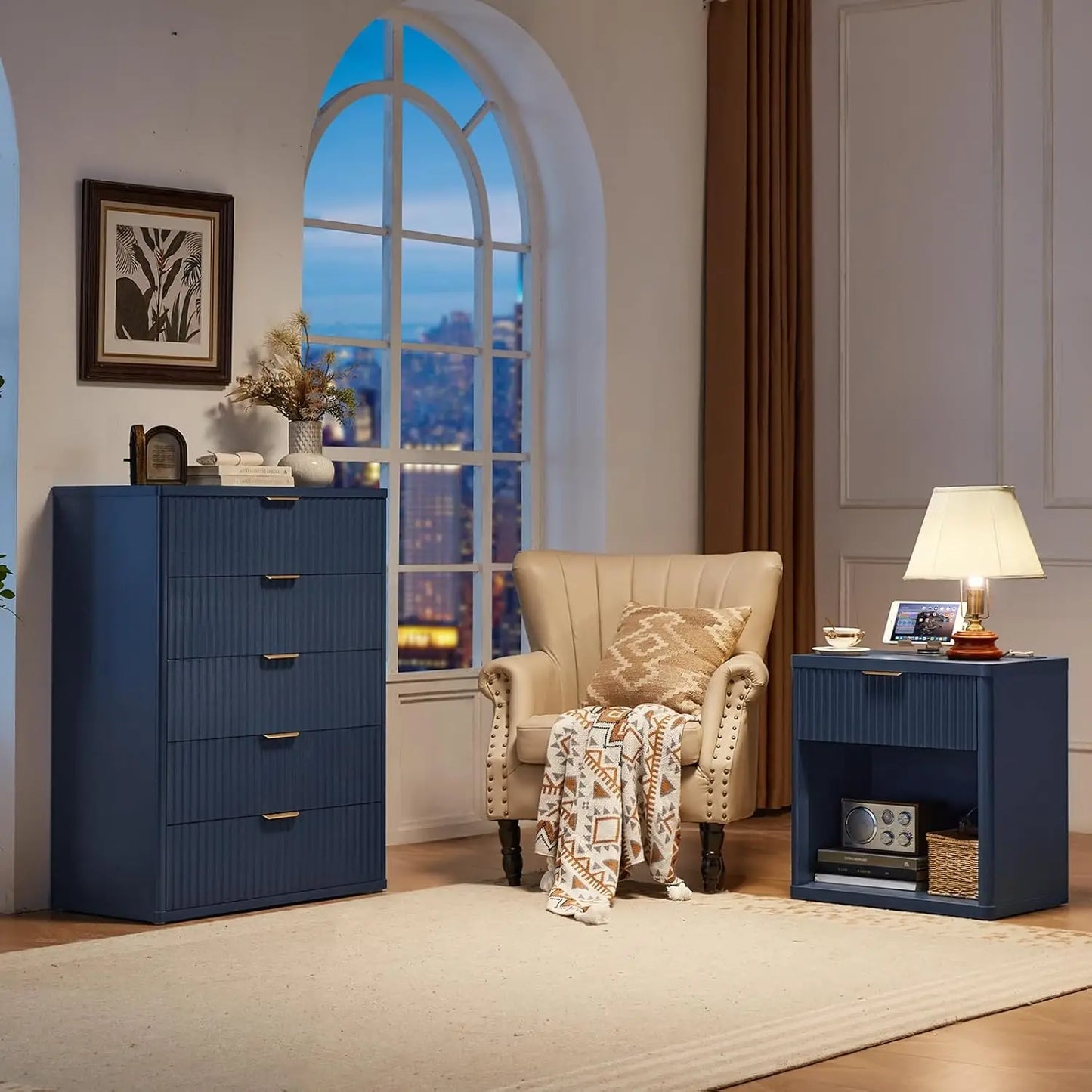 Fluted Farmhouse Nightstand Set Of 2 With Charging Station