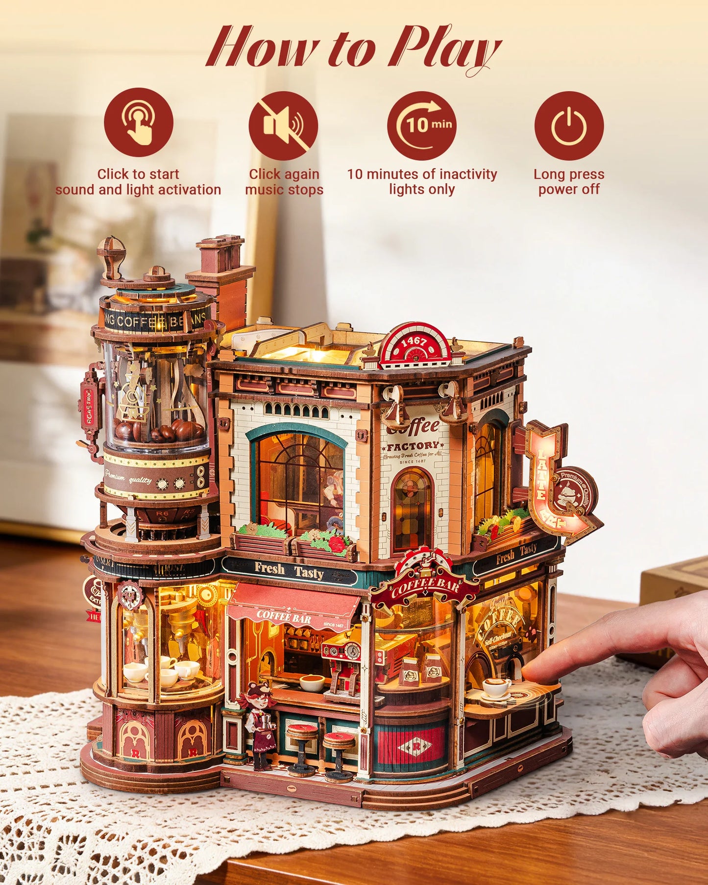 ROKR Wooden 3D Puzzle Dream Coffee Factory Music Box Kit