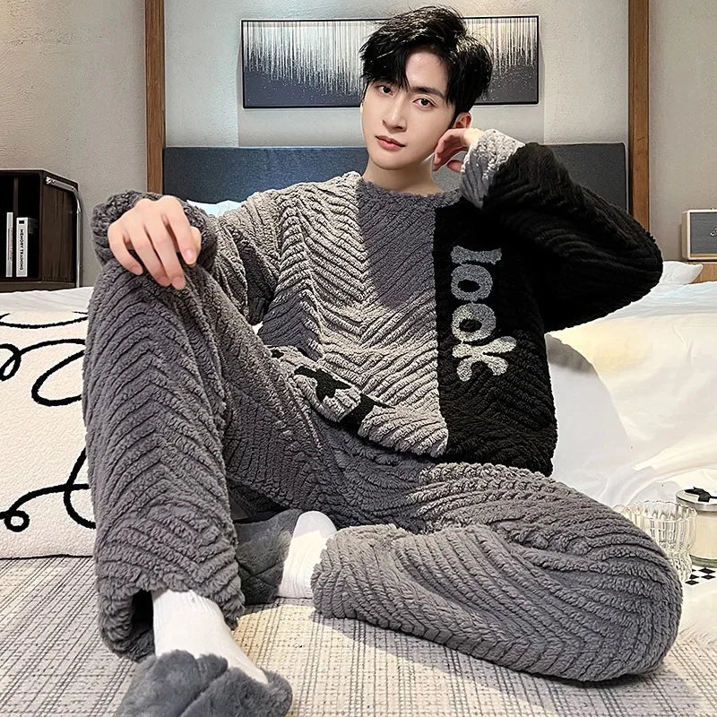 Coral Fleece Men's Sleepwear Pajama Set For Home Comfort