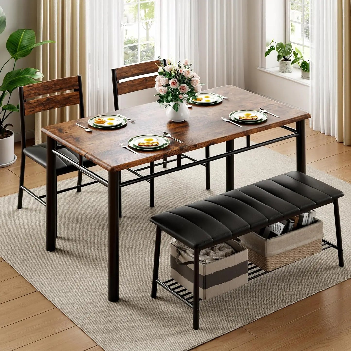 IRONCK Dining Table Set With Upholstered Bench And Chairs