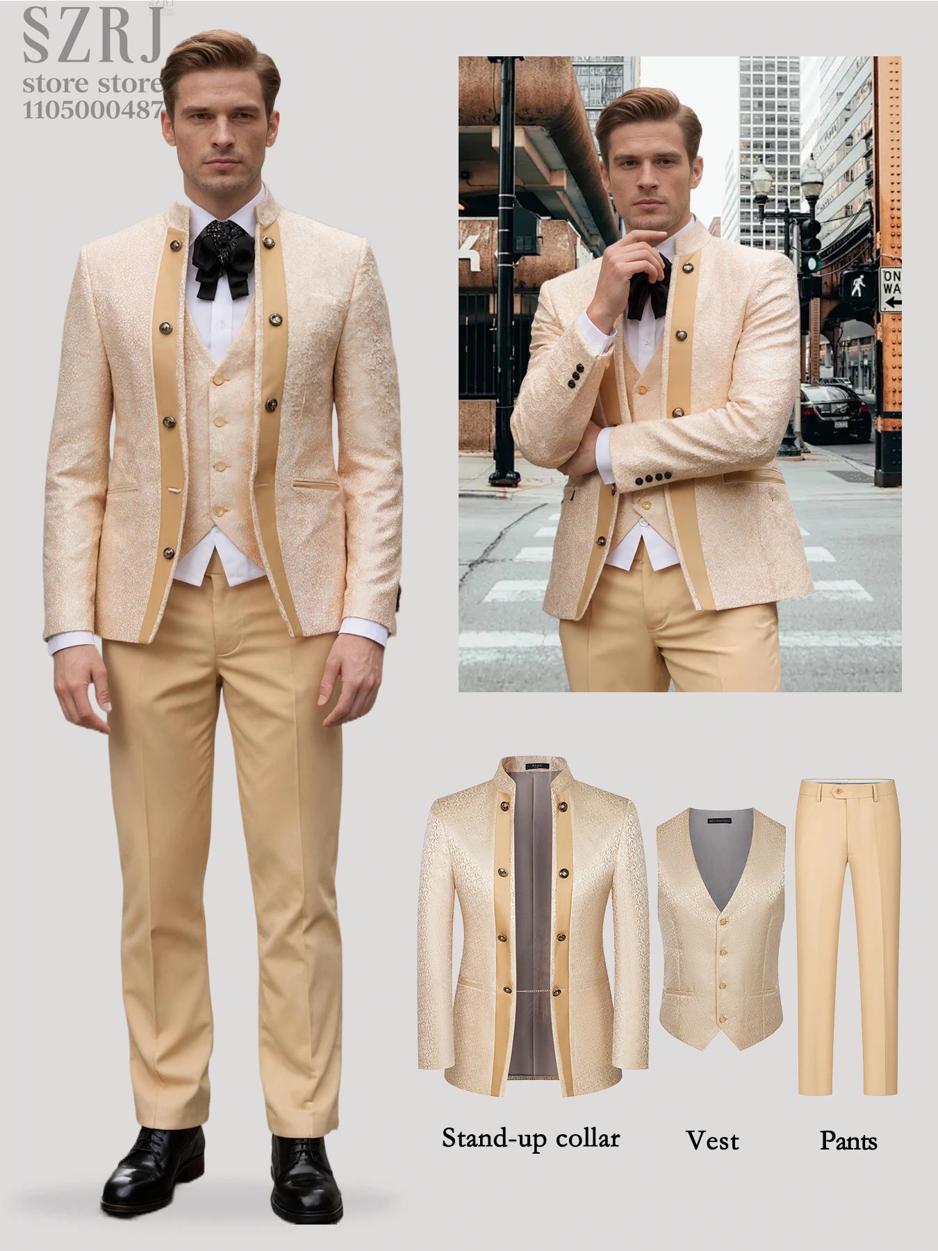 Men's Floral Three Piece Tuxedo Suit With Double Breasted Vest