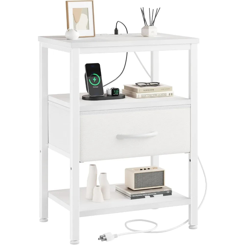 NBVCX Compact Nightstand With Charging Station And Adjustable Drawer
