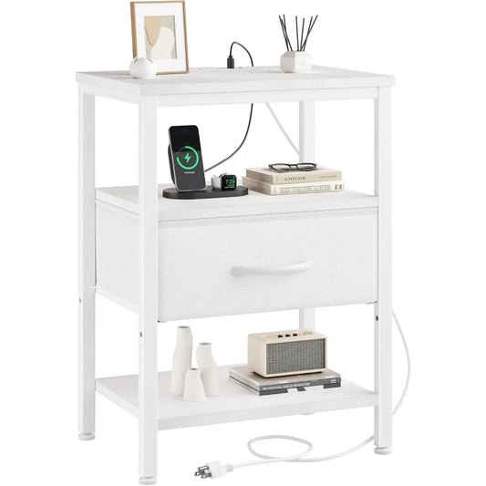 NBVCX Compact Nightstand With Charging Station And Adjustable Drawer