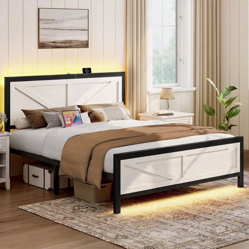 MKDK Bed Frame With Barn Door Headboard LED Lighting