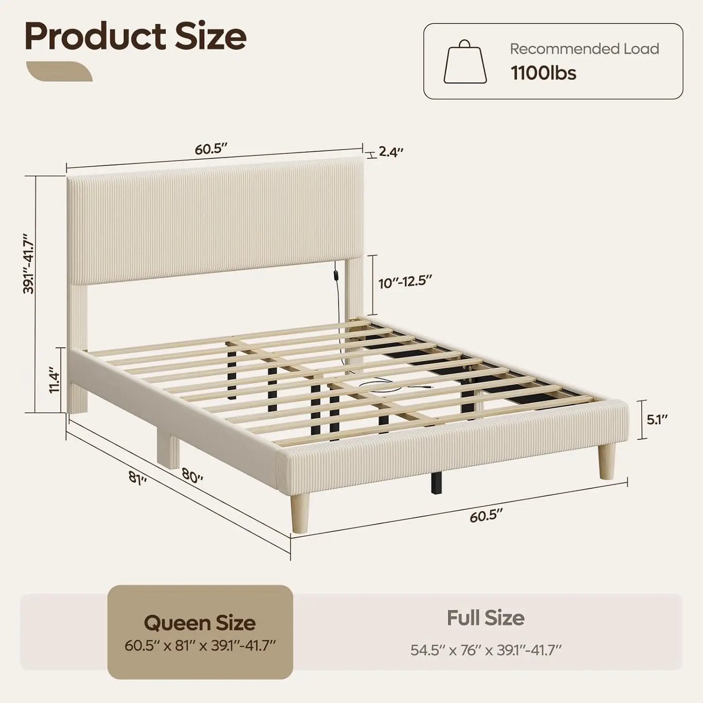 Platform Bed Frame With LED Headboard And Wooden Slats