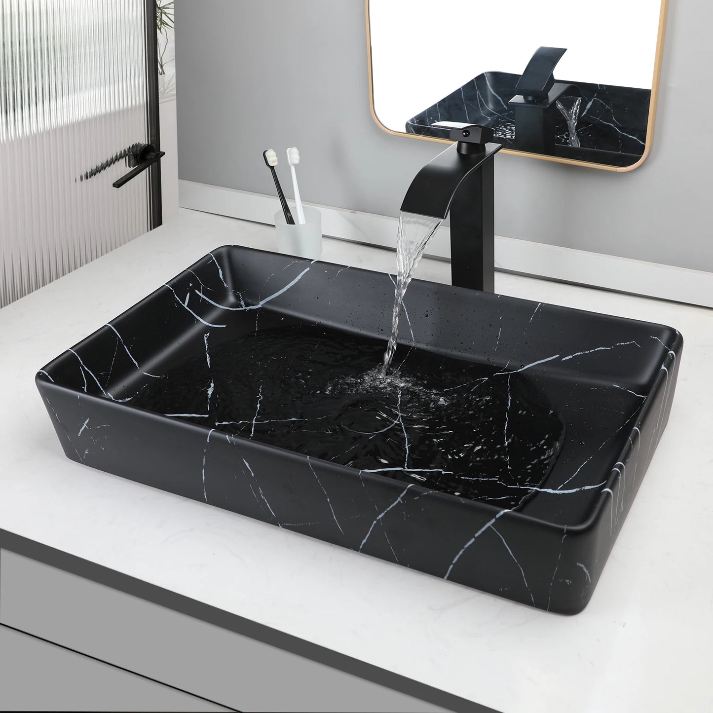 KEMAIDI Black Vanity Rectangle Marble Vessel Sink With Faucet Set