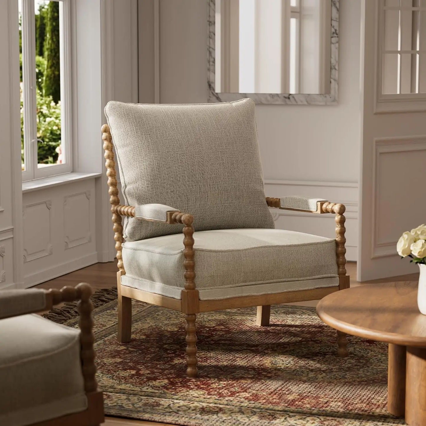 Fabric Spindle Padded Accent Chair With Wood Frame French Style
