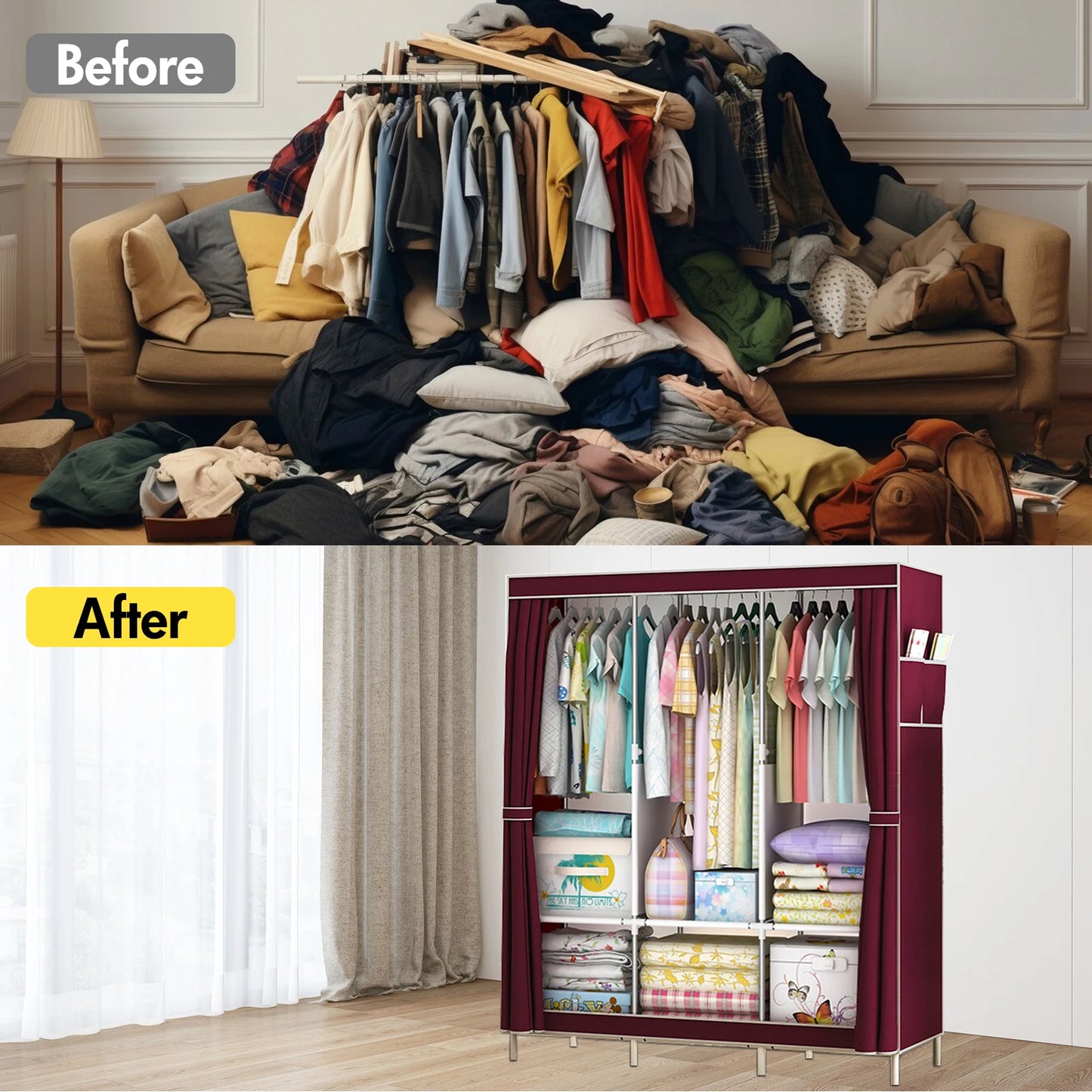 Portable Closet Wardrobe With Metal Frame And Nonwoven Fabric Cover