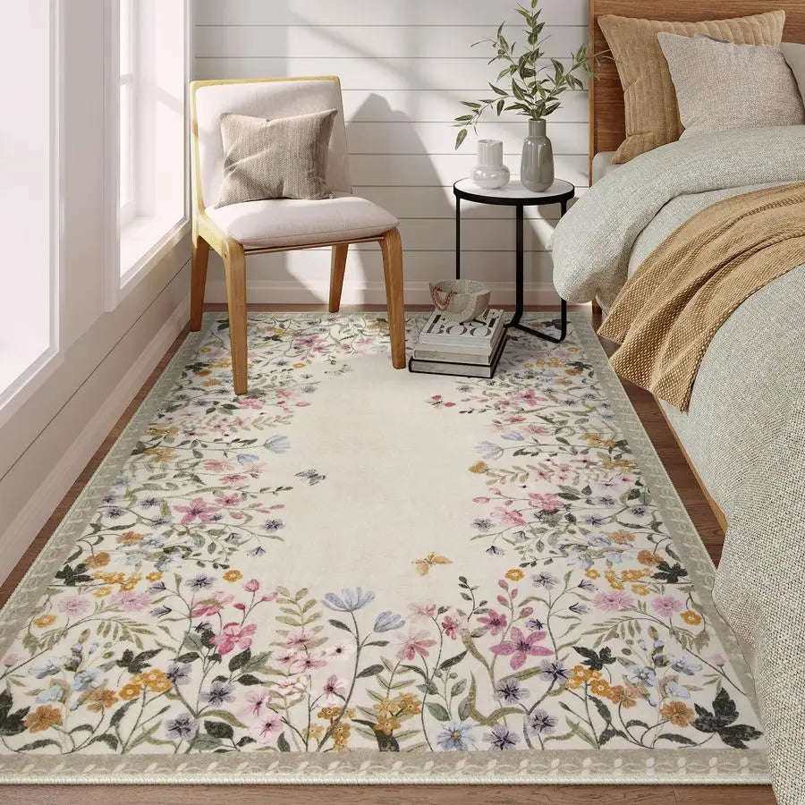 Washable Floral Area Rug Non Slip Entryway And Living Room