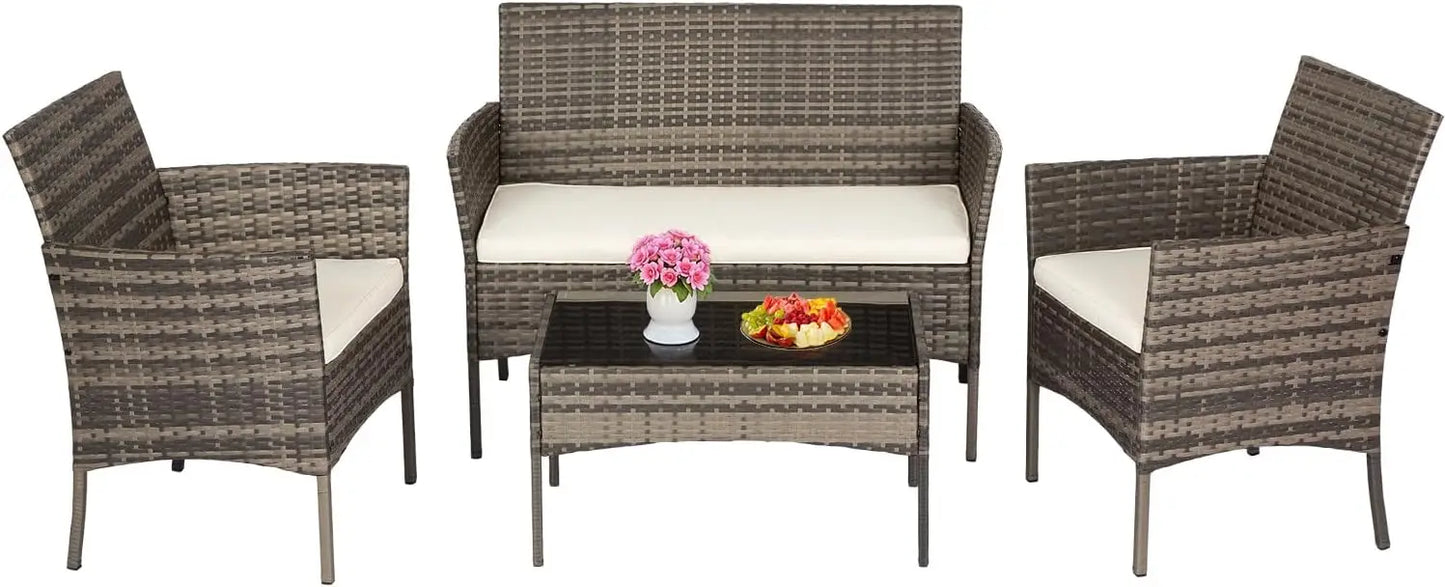 PE Rattan Patio Furniture Set With Loveseats And Coffee Table