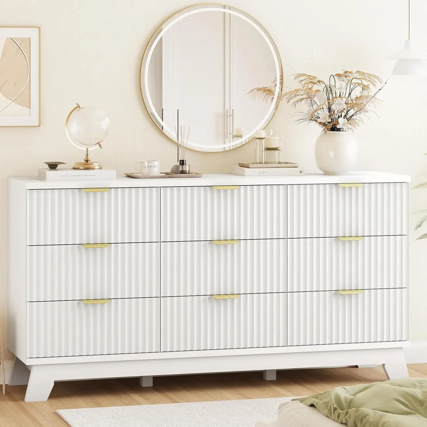 Fluted Dresser With 9 Drawers And Metal Handle For Bedroom