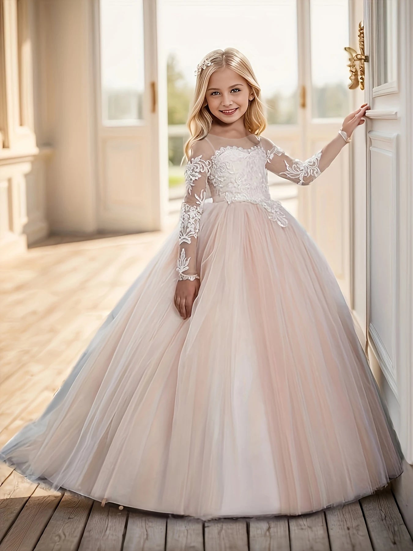 Abaowedding Lace Embroidery Sheer Long Sleeves Girls Gowns