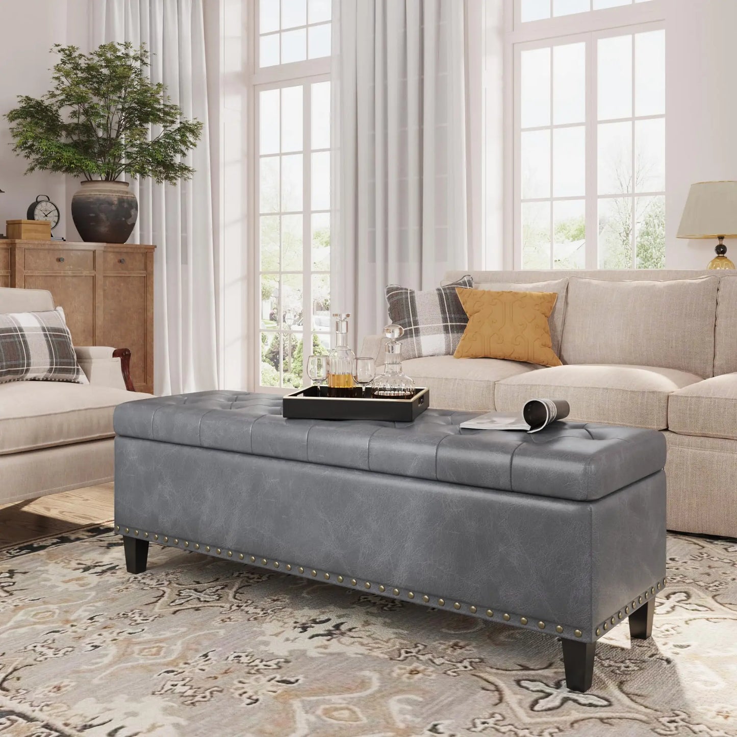 Vabches Faux Leather Storage Ottoman Bench For Living Room