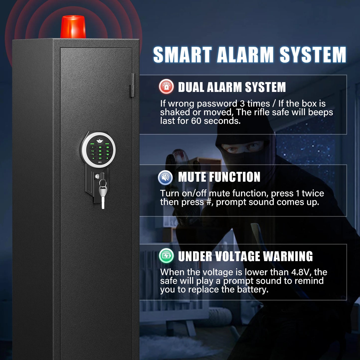 Kavey Digital Rifle Safe With Quick Access LED Light And Adjustable Rack