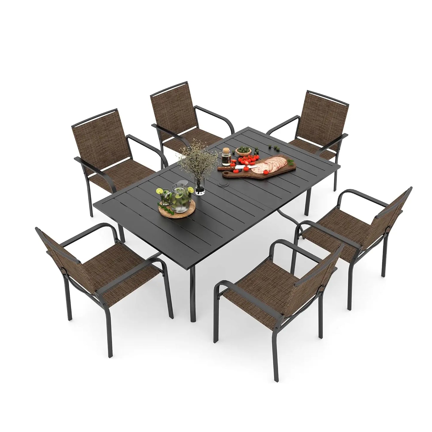 7 Piece Outdoor Patio Dining Set With 6 Stacking Chairs Rectangular Table