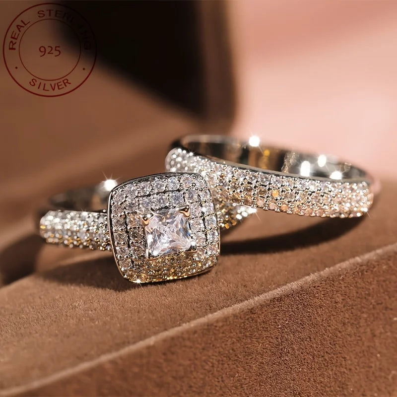 WPOOCC Womens Elegant Zircon Engagement Ring Set 925 Silver Plated
