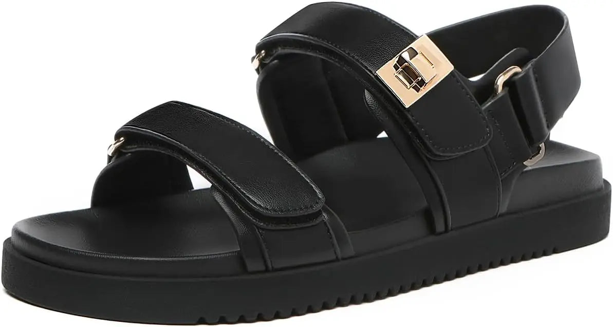 Women's Adjustable Leather Flat Sandals With Double Straps