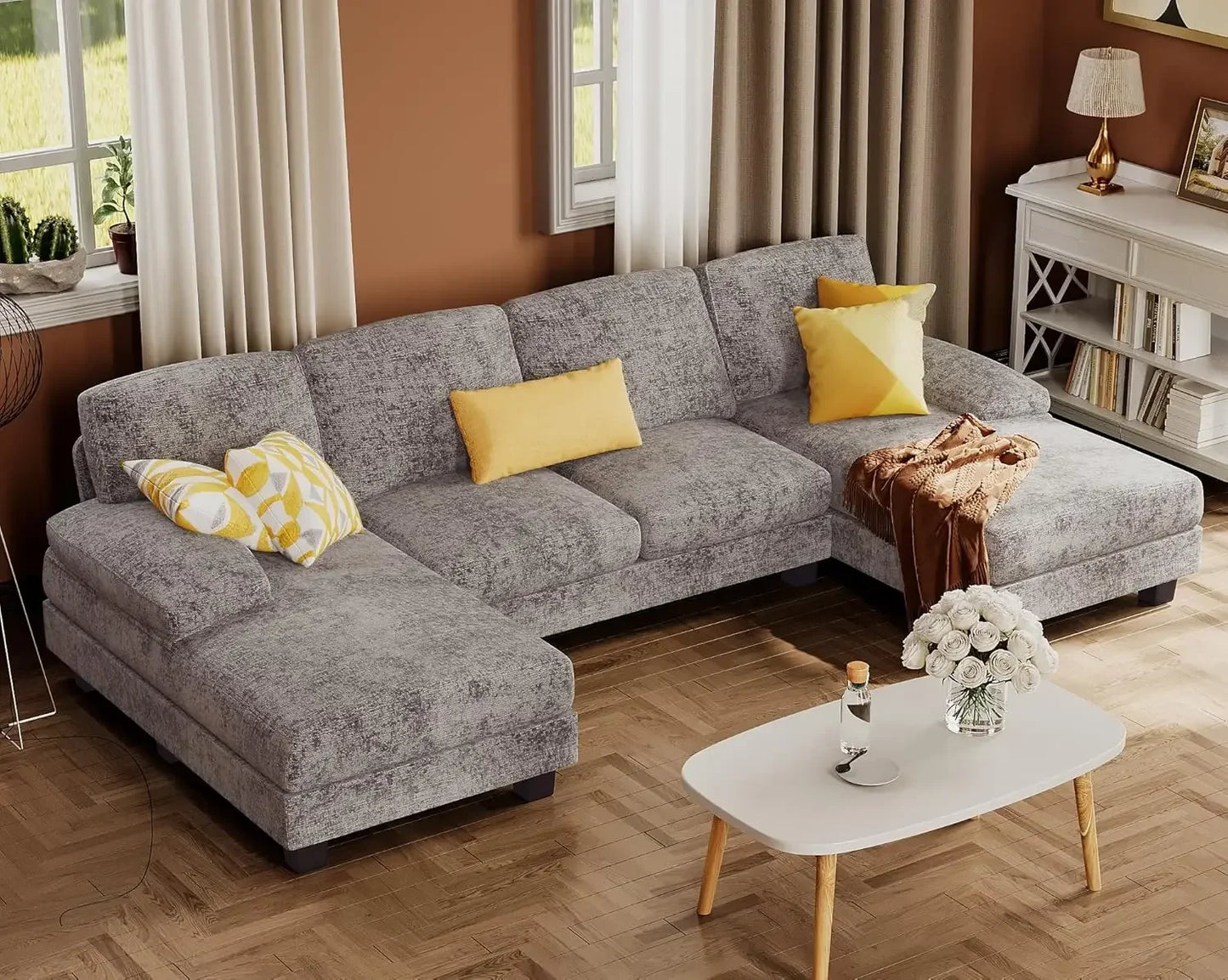 U-Shaped Linen Sectional Sofa For Living Room - 4 Seat Set