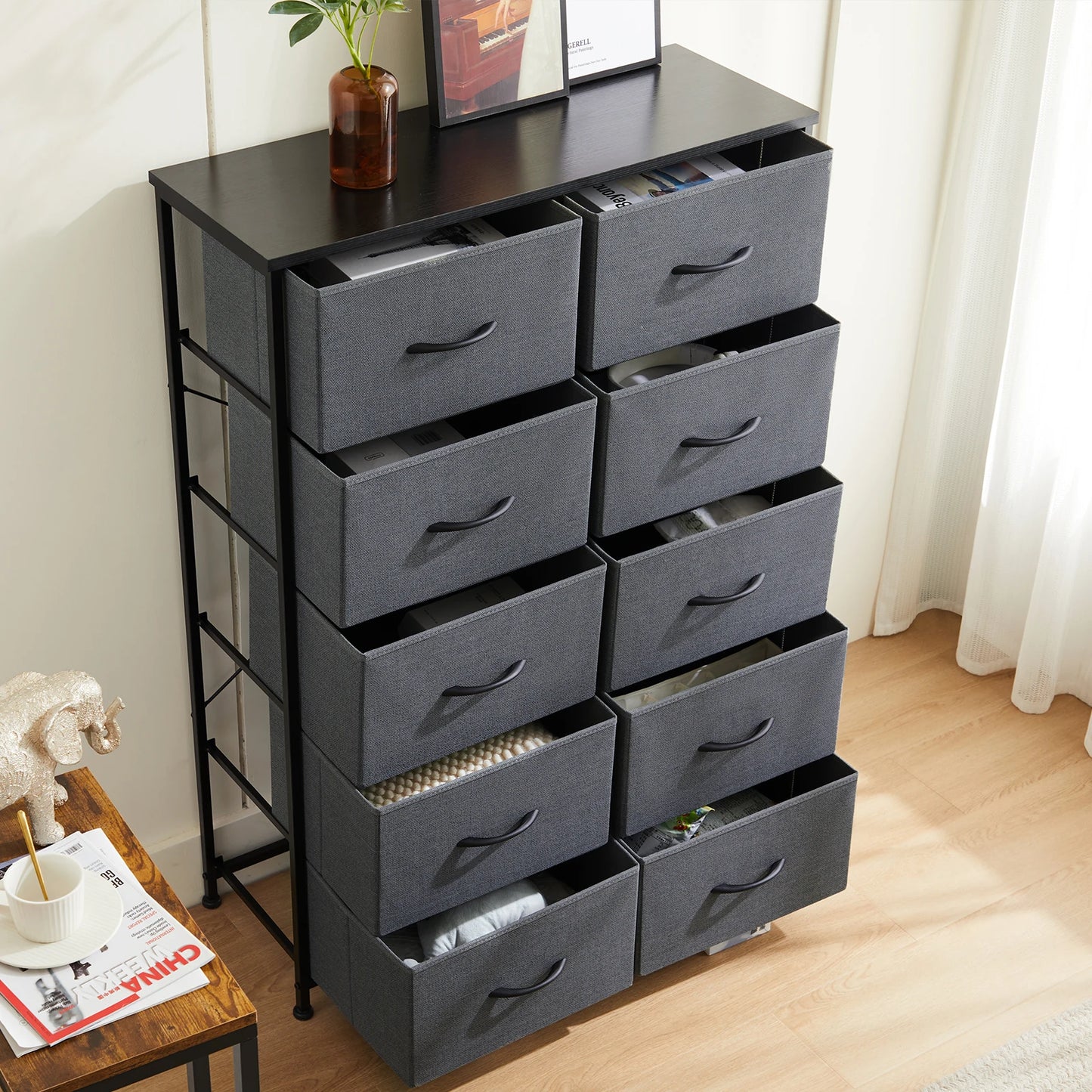 JHK Bedside Table With 10 Fabric Drawers Steel Frame Nightstand