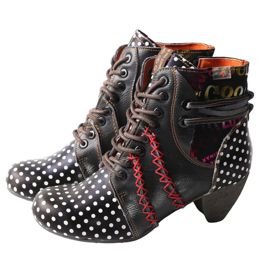 TMA EYES Polka Dot Leather Moccasin Stitch Ankle Boots