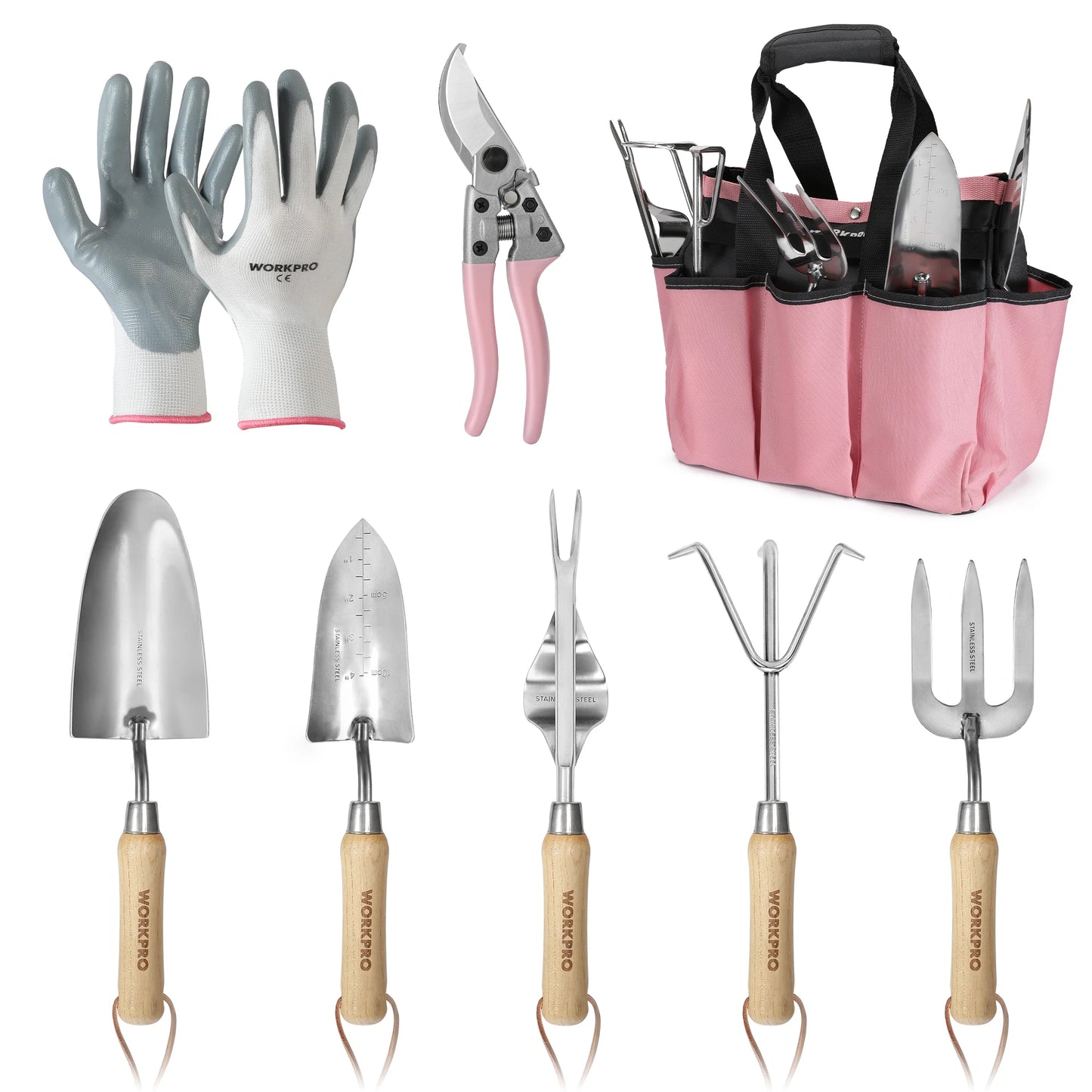 WORKPRO Stainless Steel Garden Tool Set With Wood Handles Tote