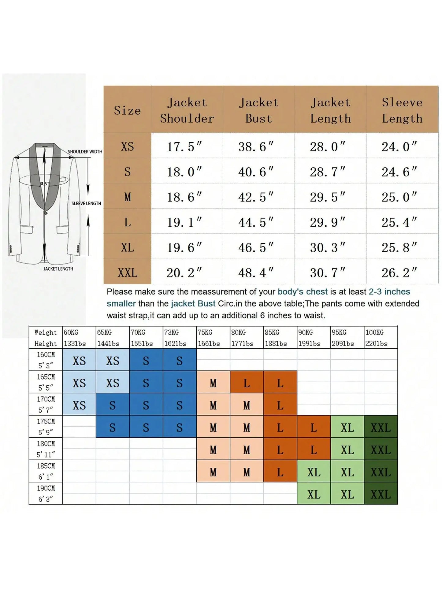NONECN Men's 3 Piece Slim Tuxedo Suit Blazer Vest Pants