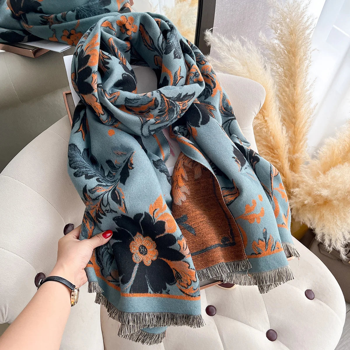 Floral Print Winter Scarf For Women Warm Polyester Shawl Wrap