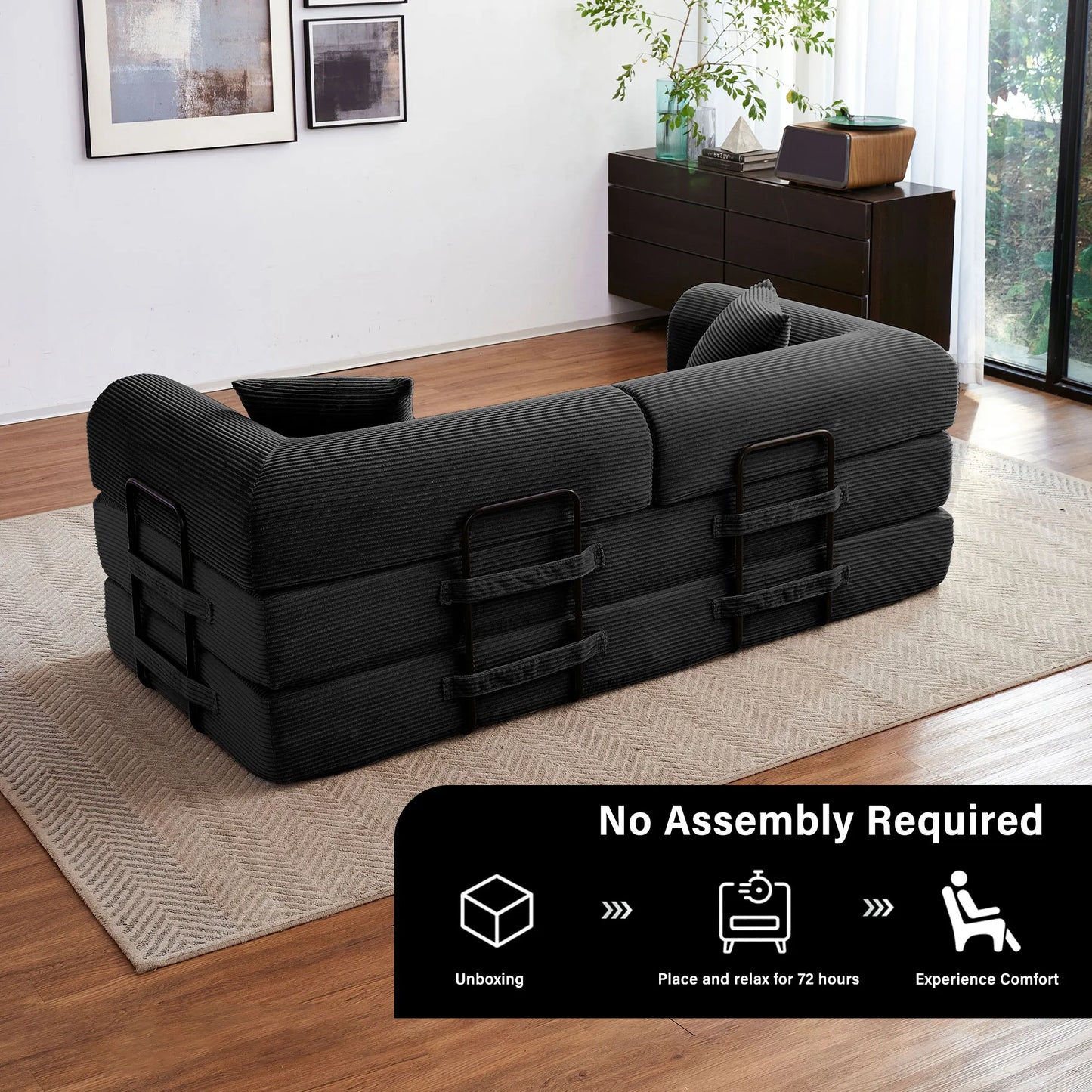 Foldable Convertible Futon Sofa Bed With L-Shaped Armrests Living Room